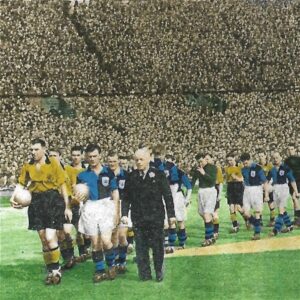 Presidents Mr Waine of Bishop Auckland and Mr Parkin of Crook Town, lead the teams out for the FA Amateur Cup final at Wembley Stadium on Saturday, April 10, 1954
