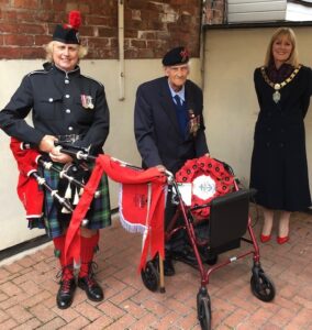 Mayor of Bishop Auckland, Councillor Joy Allen with Tom Robson and a Piper.