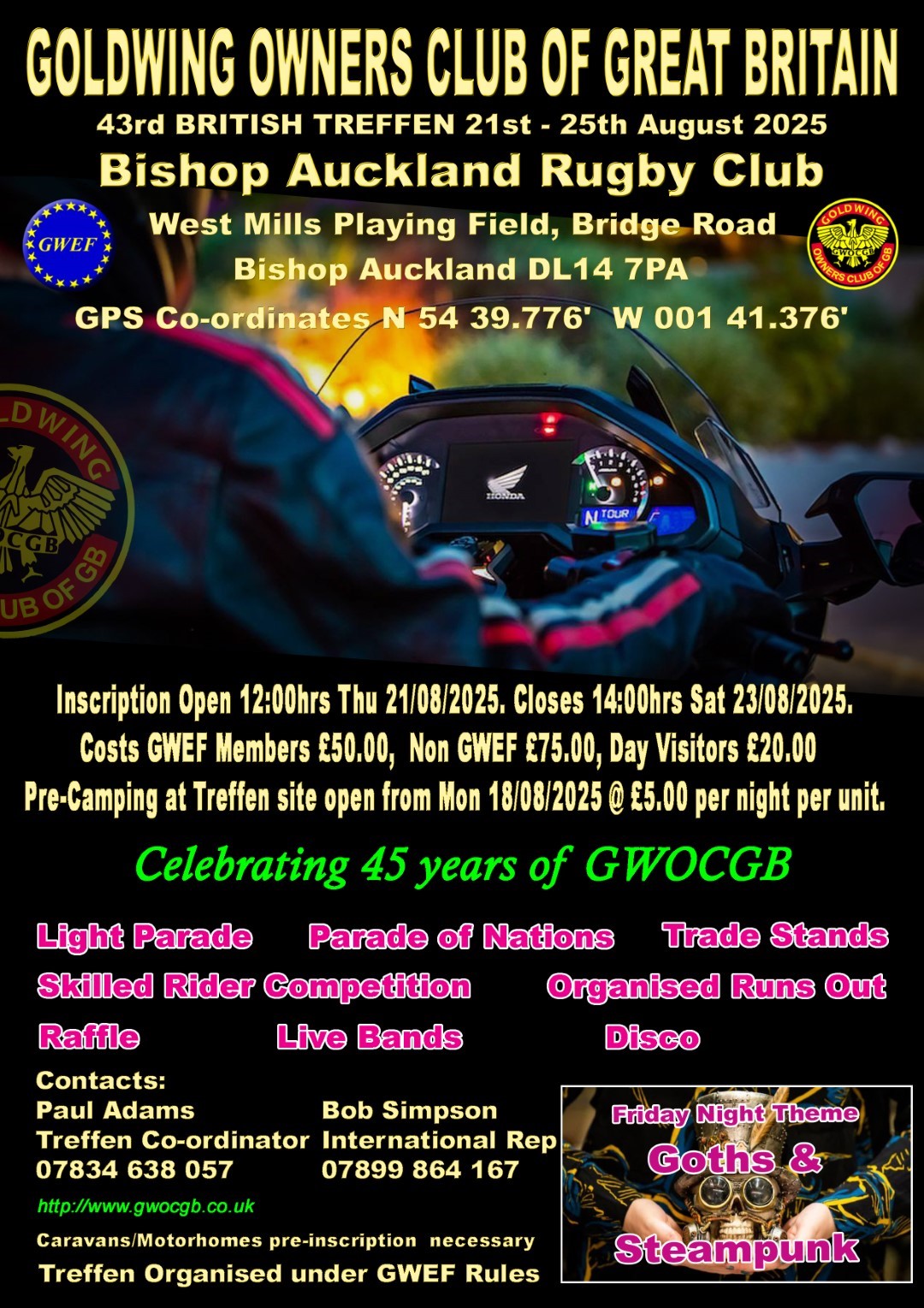 Goldwing Owners Club of Great Britain (GWOCGB) - 43rd British Treffen at Bishop Auckland Rugby Club, 21st-25th August 2025.