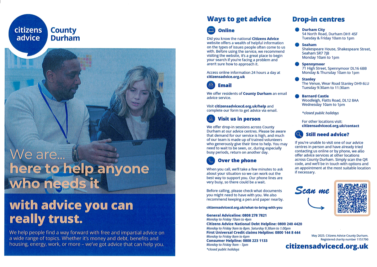 Citizens Advice County Durham Flyer - Ways to contact the service.