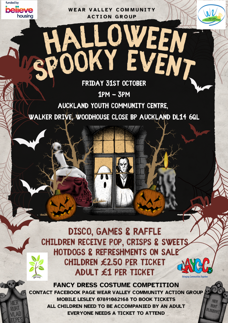 Wear Valley Community Action Group (WVCAG) Halloween Spooky Event Poster, Friday 31st October 2025. 1pm-3pm.