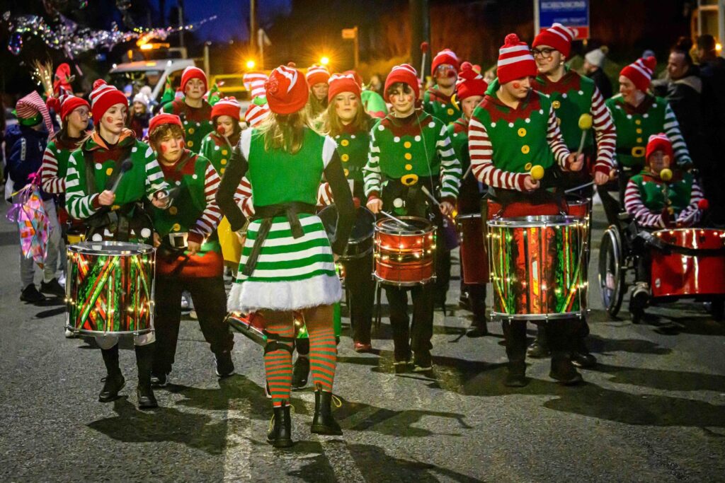 Samba Drumming Elves Christmas Parade by Jack Drum Arts. Photo Credit: Jack Drum Arts.