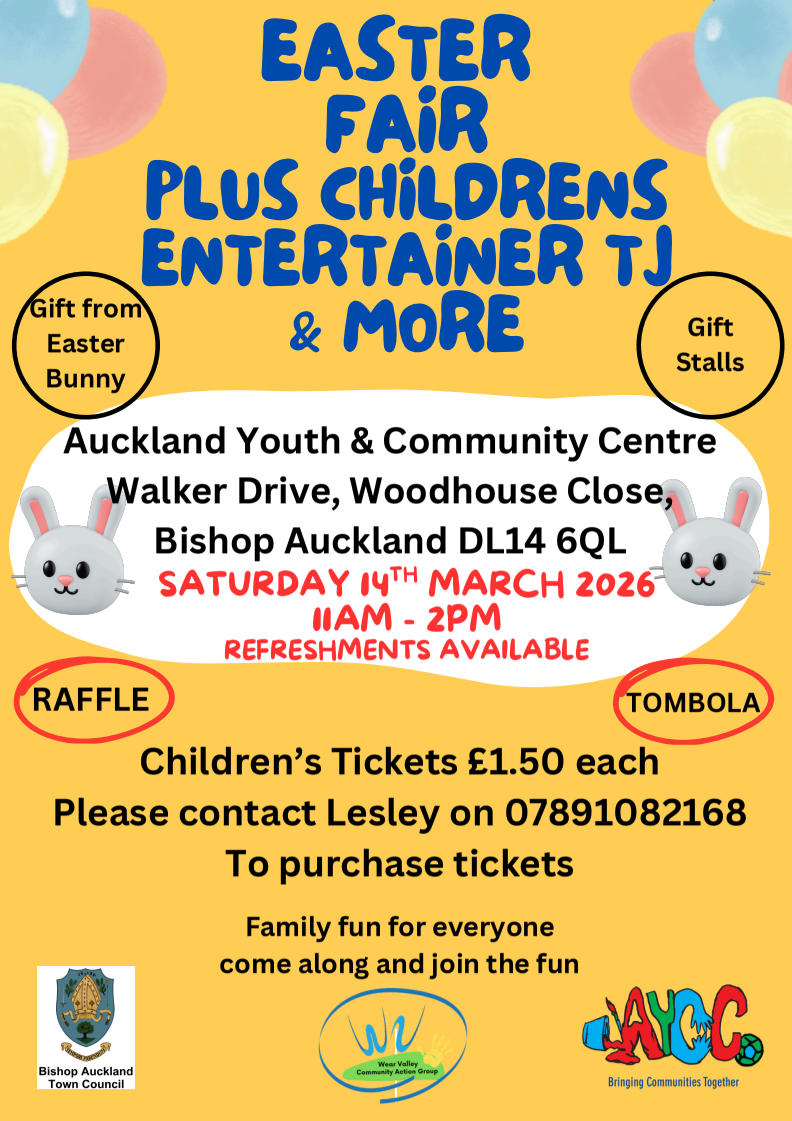 Easter Fair, Saturday 14th March 2026, 11am - 2pm at Auckland Youth and Community Centre (AYCC), Bishop Auckland.