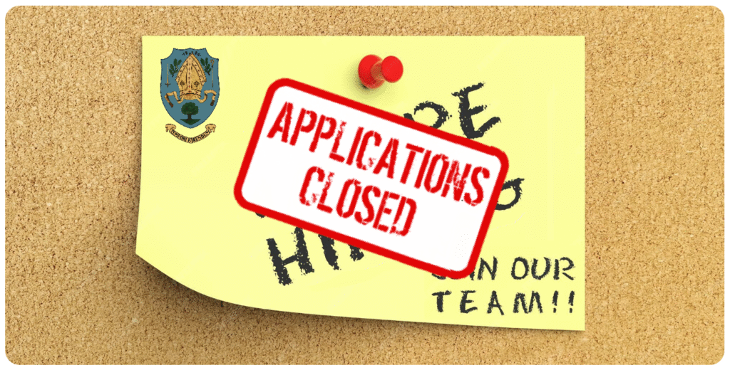 Applications Closed, Join Our Team! A Yellow Sticky Note with Red Drawing Pin on a Cork Board.
