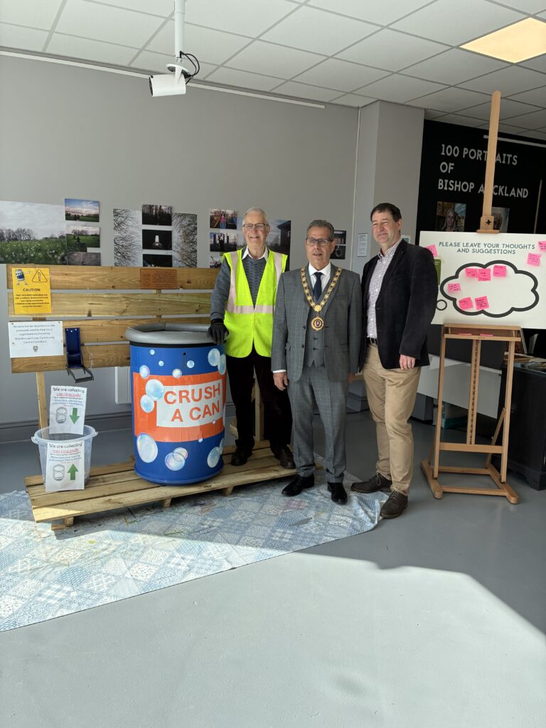 Mayor Sam Zair and Councillor Michael Siddle with David, Bishop Auckland Green Matters - Mobile Can Crushing Station at Bishop Auckland Food Festival 2026.