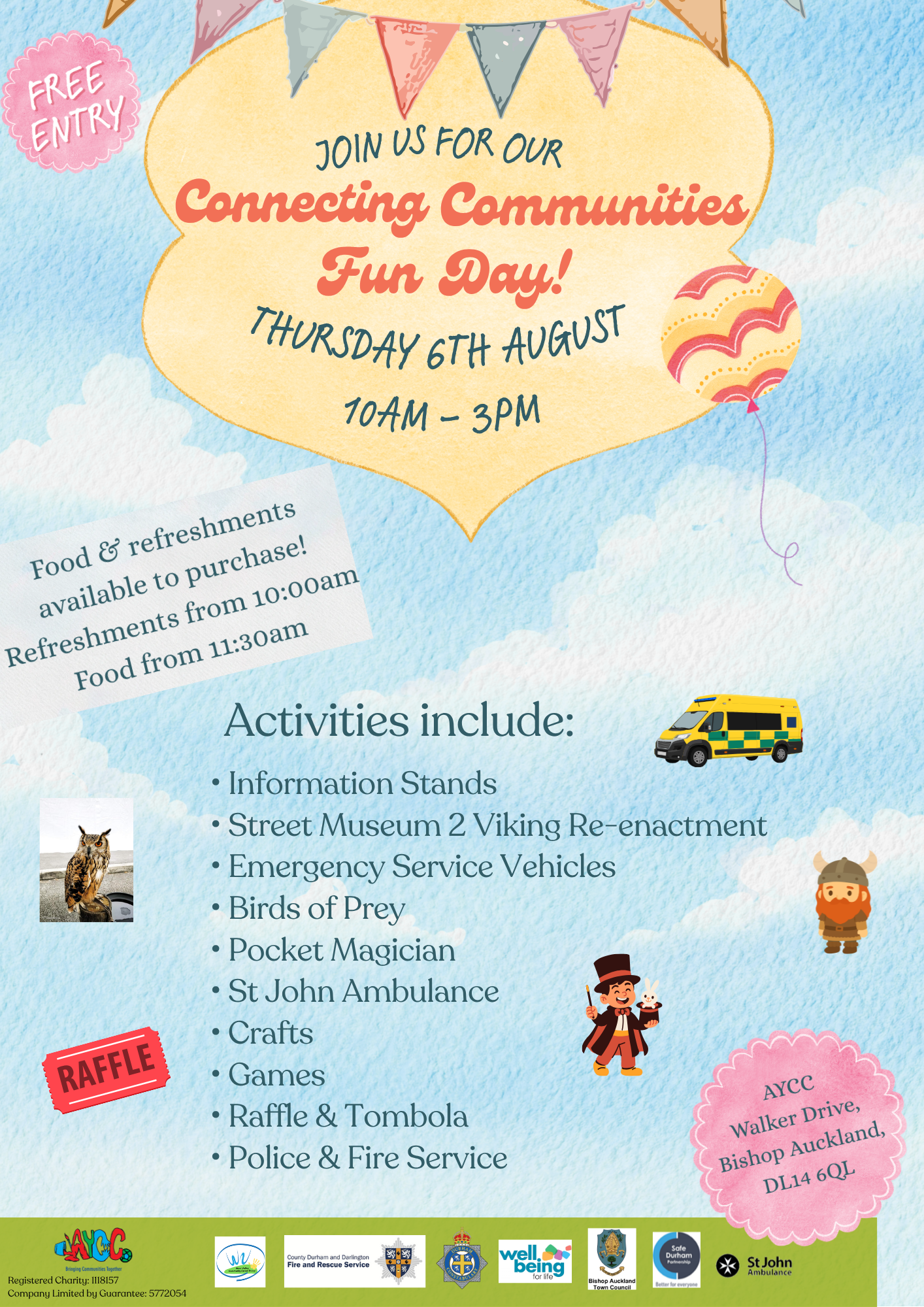 AYCC Connecting Communities Fun Day Flyer, Auckland Youth And Community Centre, Walker Drive, Bishop Auckland, 10am-3pm on Thursday 6th August 2026.