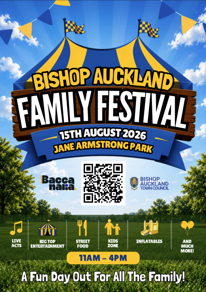 Bishop Auckland Family Festival, Jane Armstrong Park, Bishop Auckland, 11am to 4pm on Saturday 15th August 2026. QR Code to Facebook Page, Scan Here.