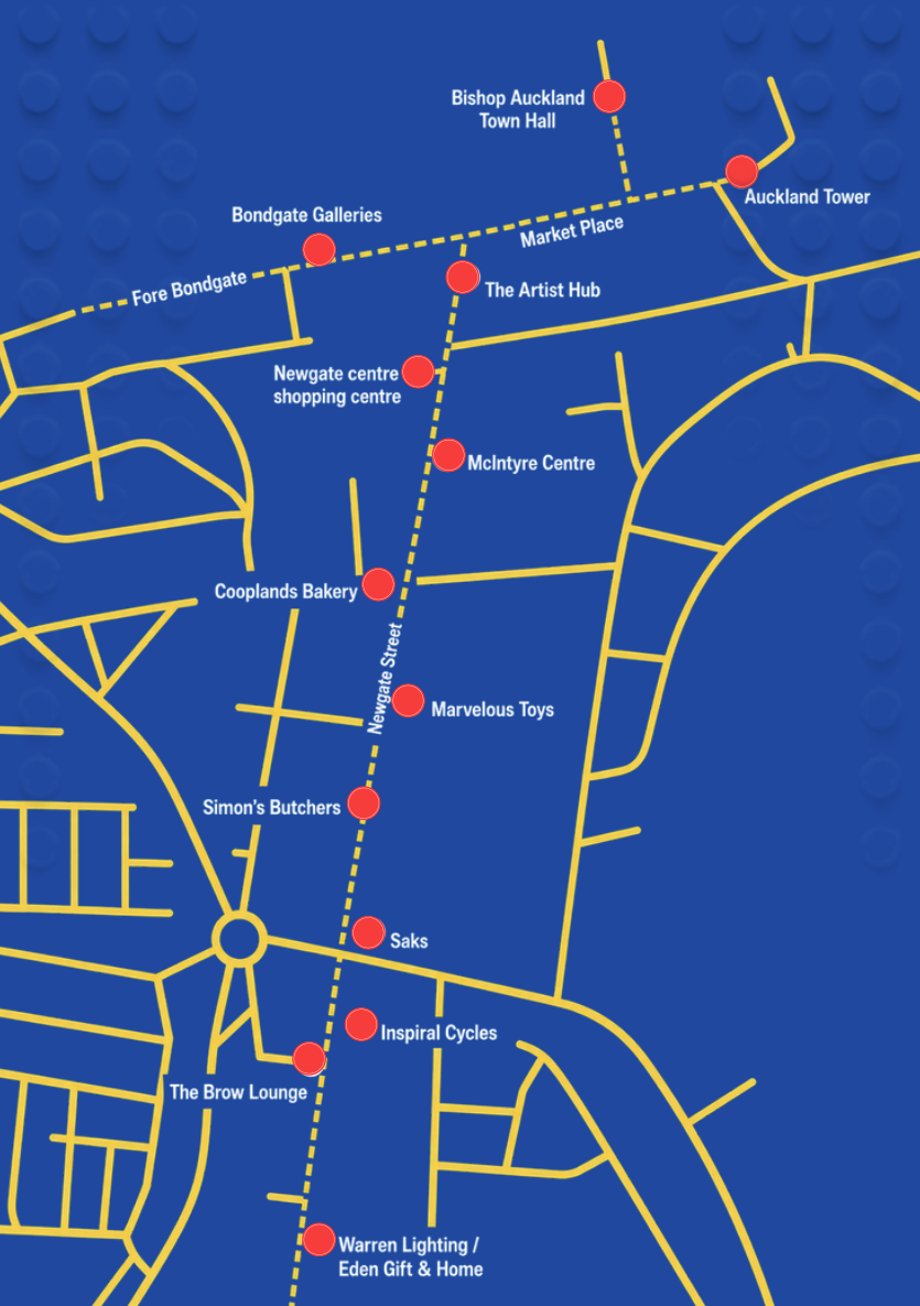 Brick Fairytales Trail Map 2026. A simplified map of Bishop Auckland Town with Point of Interest locations with clues marked with a red dot.