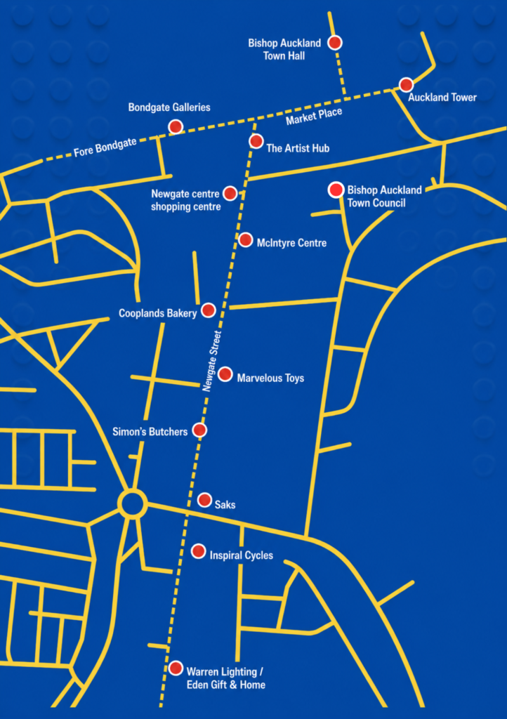 Brick Fairytales Trail Map 2026. A simplified map of Bishop Auckland Town with the with Point of Interest locations for clues marked with a red dot. The Brow Lounge clue is now located at the Bishop Auckland Town Council office.