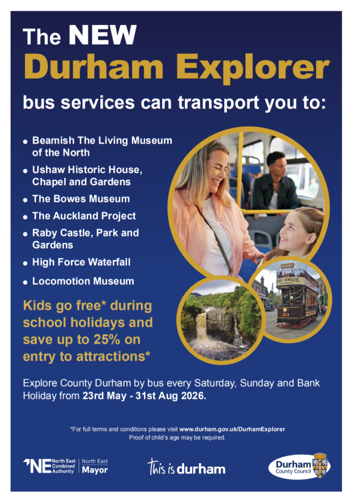 Durham Explorer Bus Service flyer, Page 1. scan the QR Code for more information.