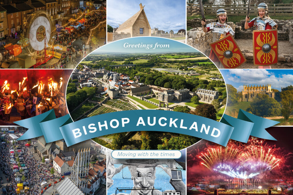 Greetings From Bishop Auckland Postcard - Moving with the times. A collation of photographs from Auckland Castle Grounds, Bishop Auckland Christmas Town Ferris Wheel, Faith Museum, Two young boys dressed up as Roman Soldiers with swords and square shields, Kynren Night Show, Crowds at Bishop Auckland Food Festival, Auckland Castle, Stan Laurel Painted Mural and Eleven Arches Fireworks Display.